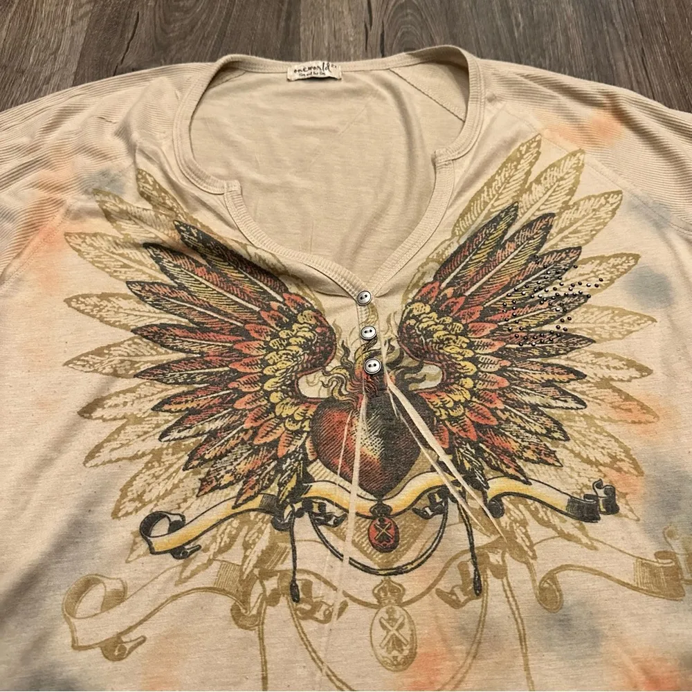 Y2K One World Top Rhinestones Studded Grunge Punk Long Slv Shirt Plus 2X Wings - Image 2