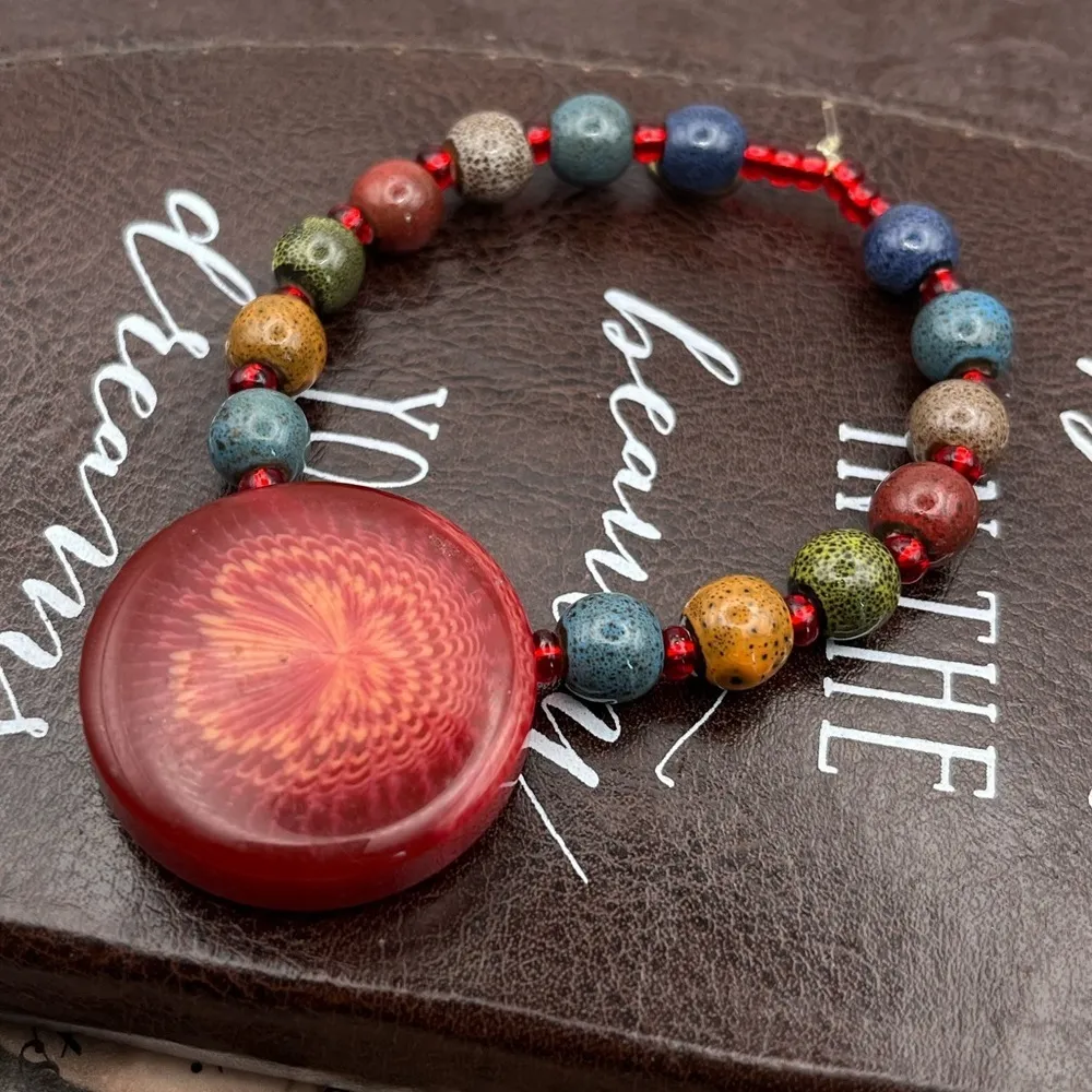 Handcrafted Red Glass Floral Focal Beaded Boho Stretch Bracelet | Y2K Artisan - Image 3