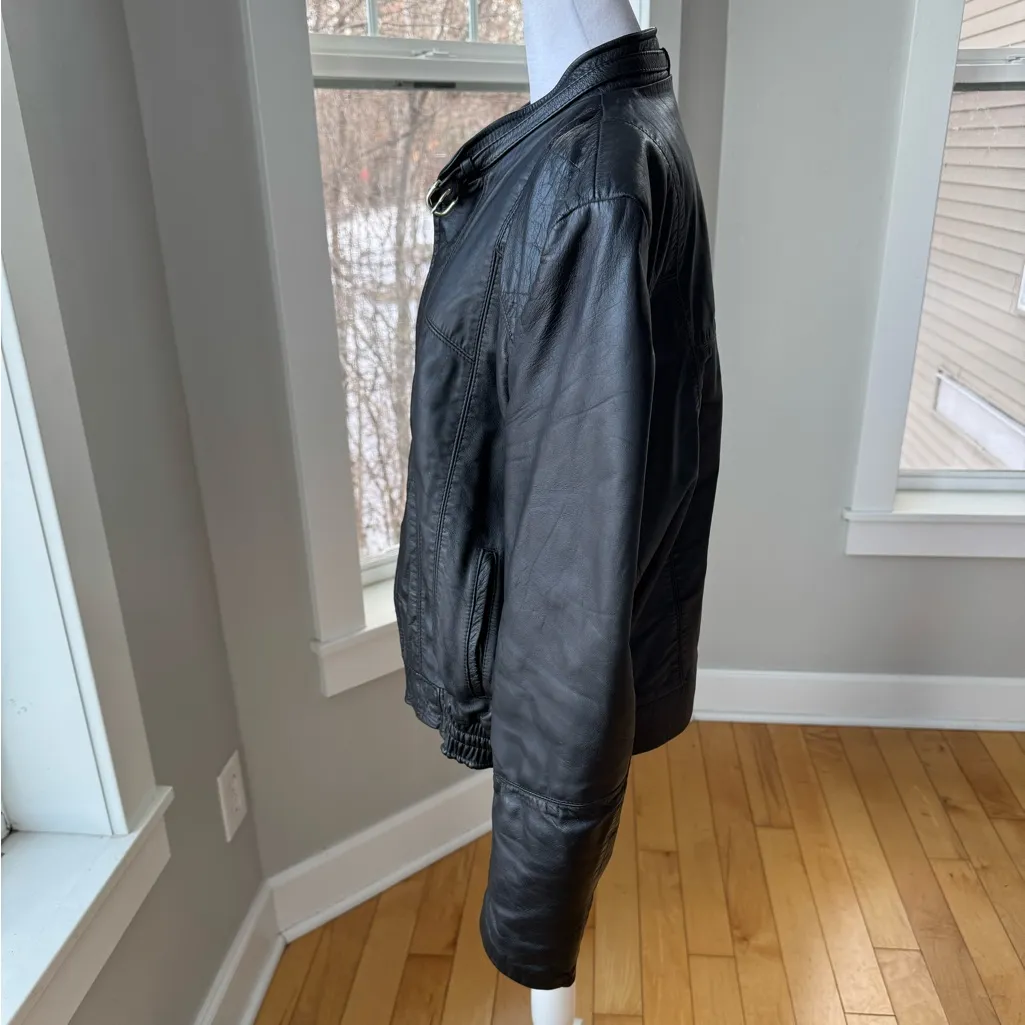 Vintage 80s Black Leather Buckle Neckline Cropped Leather Jacket Sz 46 Large XL - Image 3