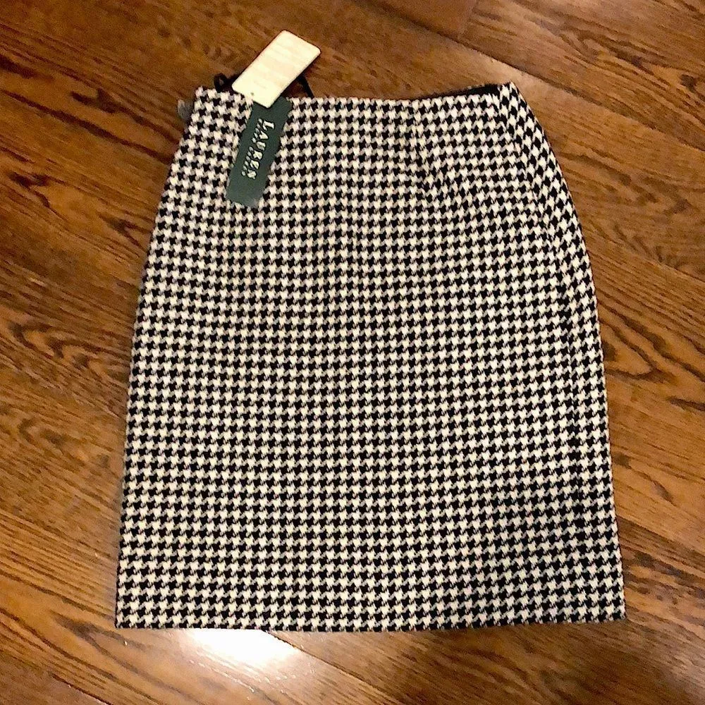 RALPH LAUREN Black White Houndstooth Wool Lined Wrap Skirt Leather Closure Sz 4 - Image 6