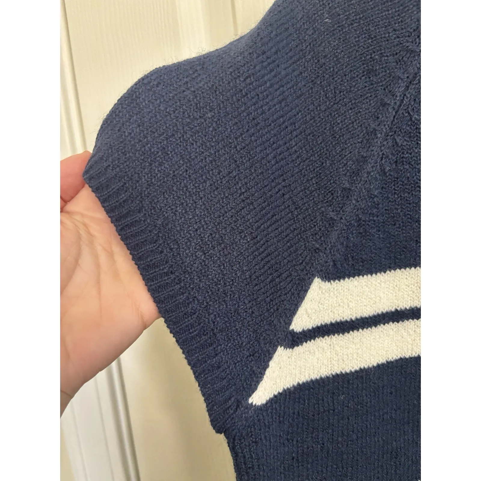 Vtg Y2K Bobbie Brooks Navy White Striped Short Sleeve Boxy Sweater Small Blue - Image 4