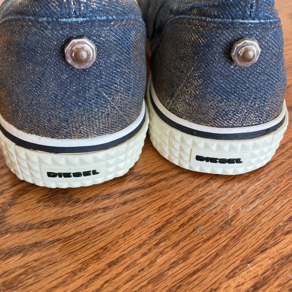 Diesel women's size 38.5 gold metallic coated denim VANSIS W rubber sneakers - Image 5