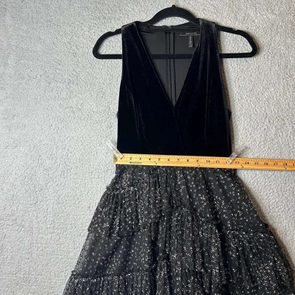 BCBGMAXAZRIA Dress Womens‎ XS Black Plunging Velvet Metallic Tulle Holiday Party - Image 7