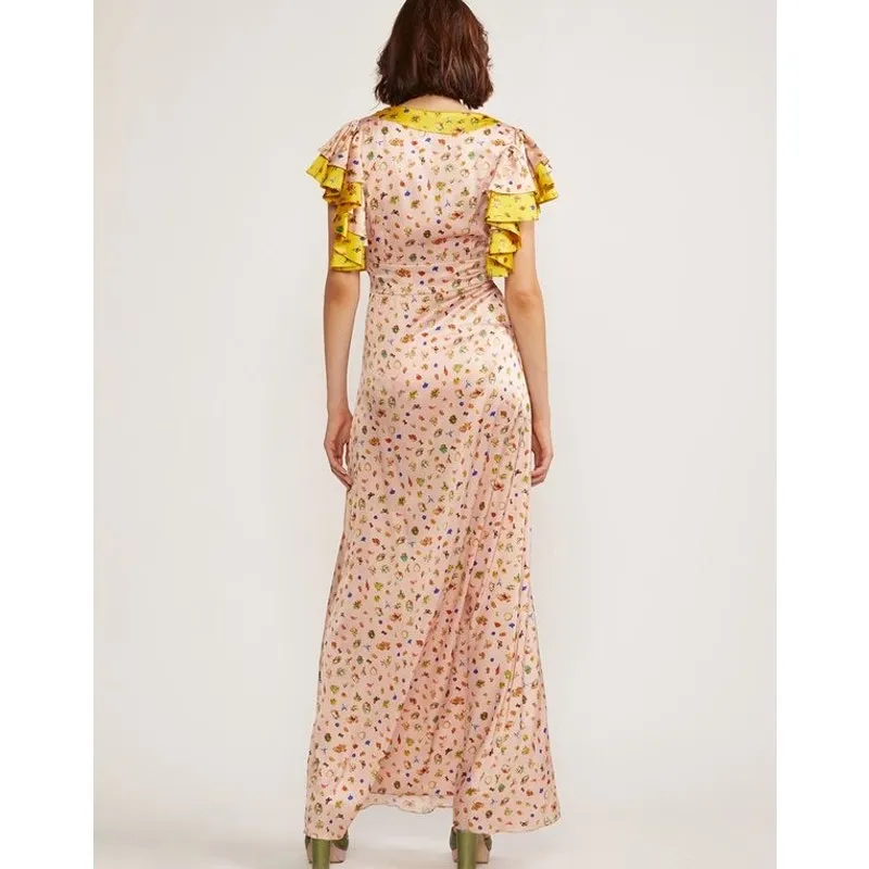 Cynthia Rowley Pamela Flutter-Sleeve Maxi Dress silk floral pink yellow size 2 - Image 5