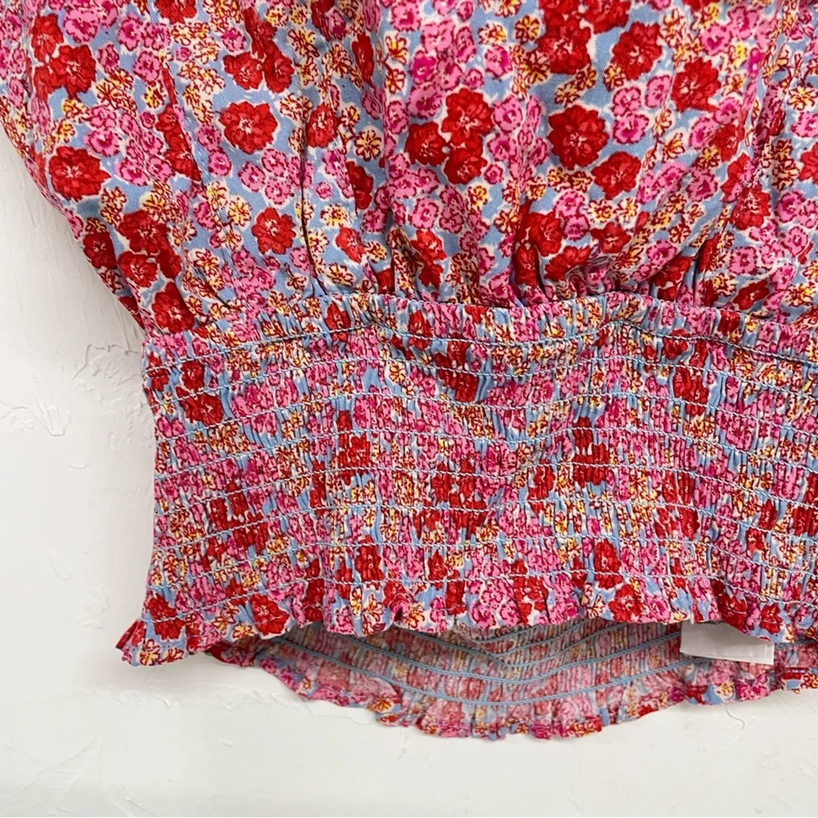 Pimkie Collection Pink & Red Ditsy Floral Ruffled Sleeve Cropped Blouse S - Image 3