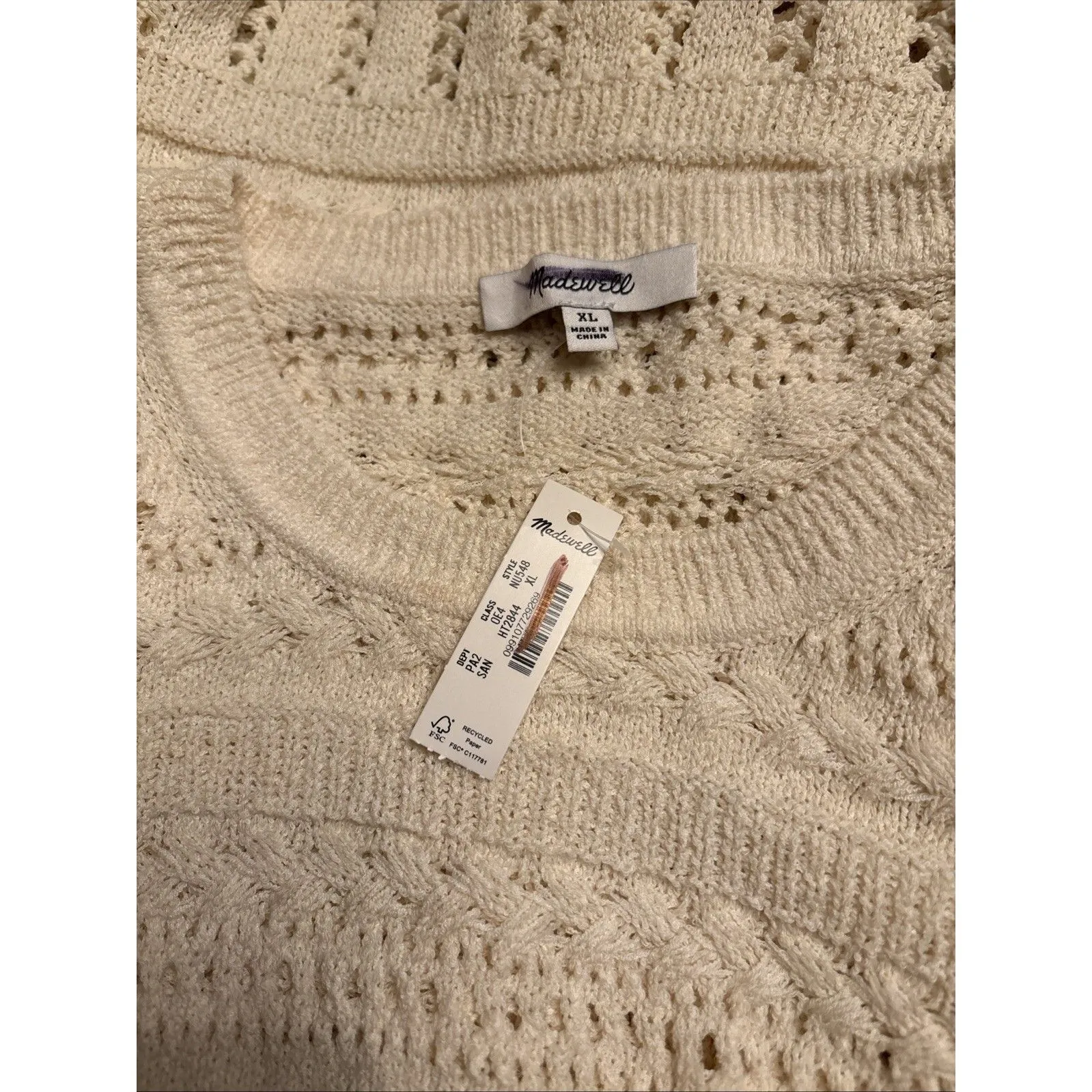 Madewell Women’s Crochet Sweater Sand Cotton Blend Bell Sleeve Size XL NWT NU548 - Image 5