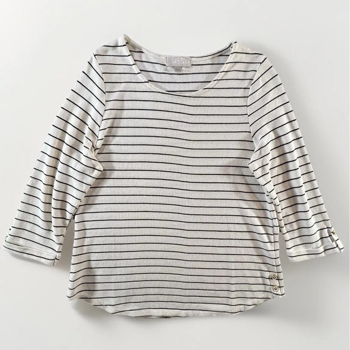 Carolyn Taylor XL Striped Knit Top Cream Black Nautical Breton 3/4 Sleeve Casual - Image 2