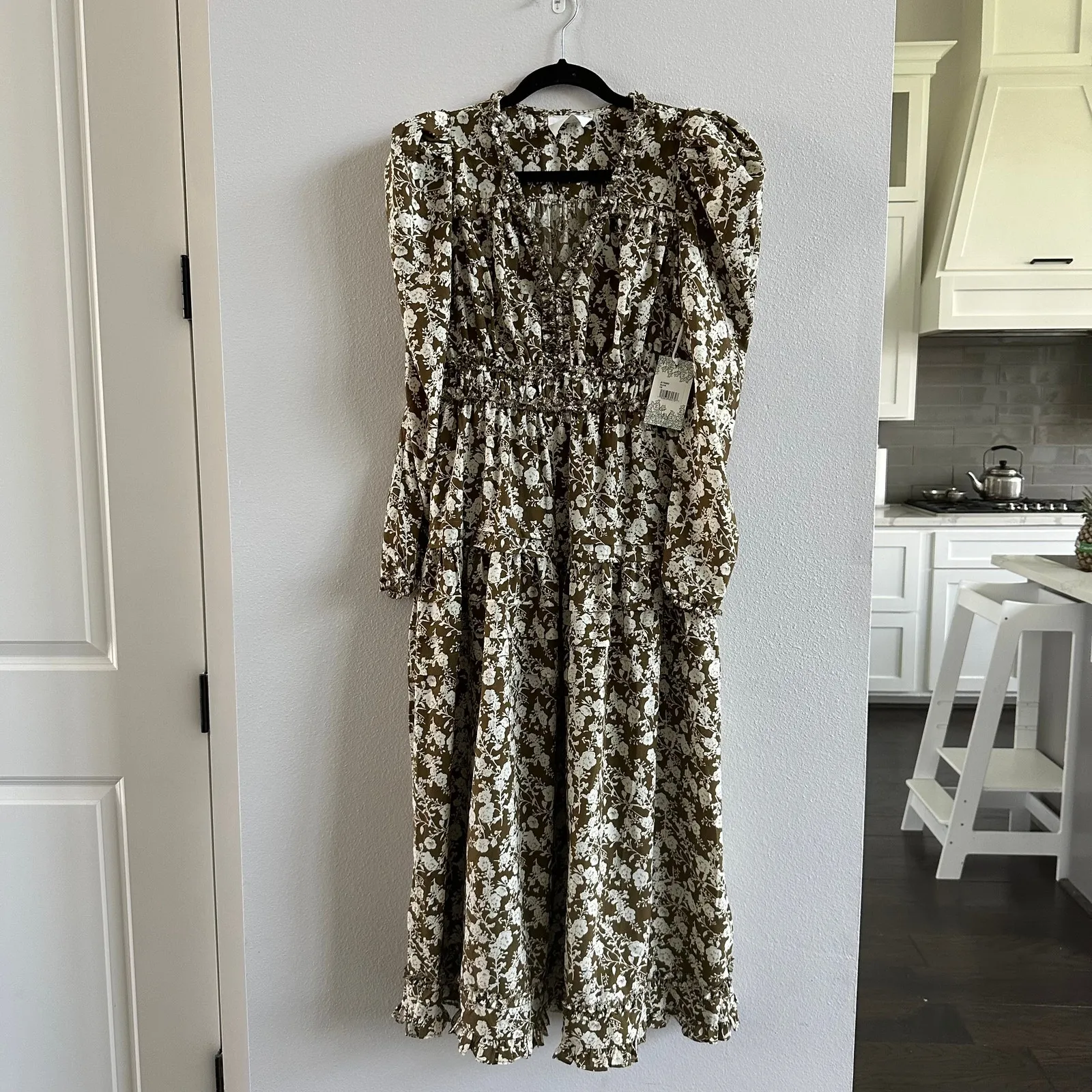 HYACINTH HOUSE  Olive Floral Renee Ruffle Midi Dress Size XS - Image 2