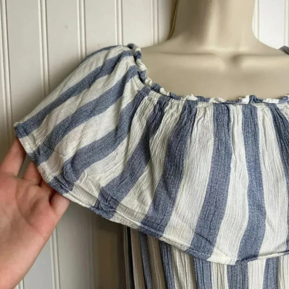 Altar'd State blue stripe off shoulder maxi dress fringe trim size small L21 - Image 4