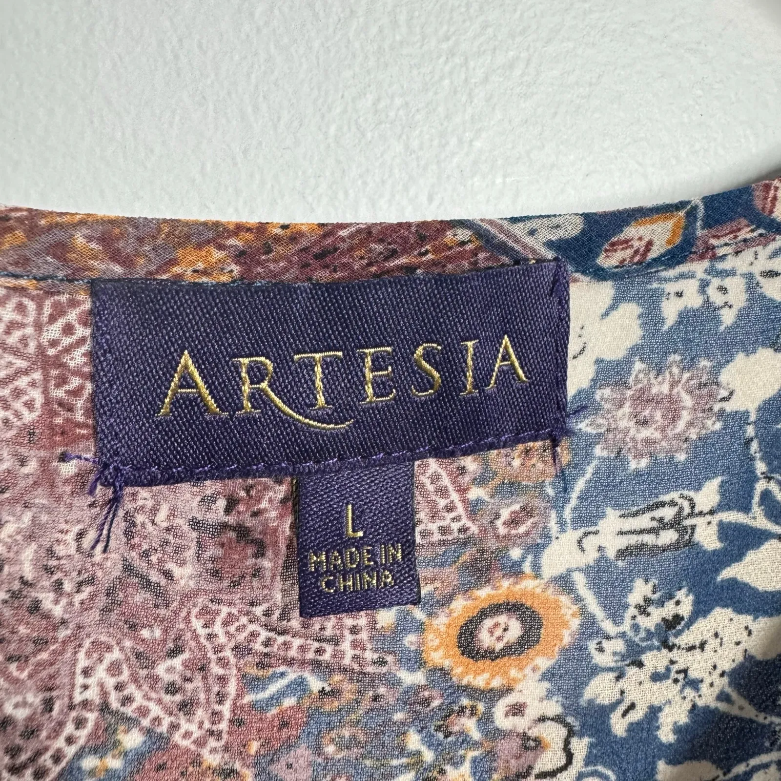 Artesia Top Women L Brown Blue Patchwork Floral Lace Boho Bell 3/4 Sleeve Blouse Size L - Image 3