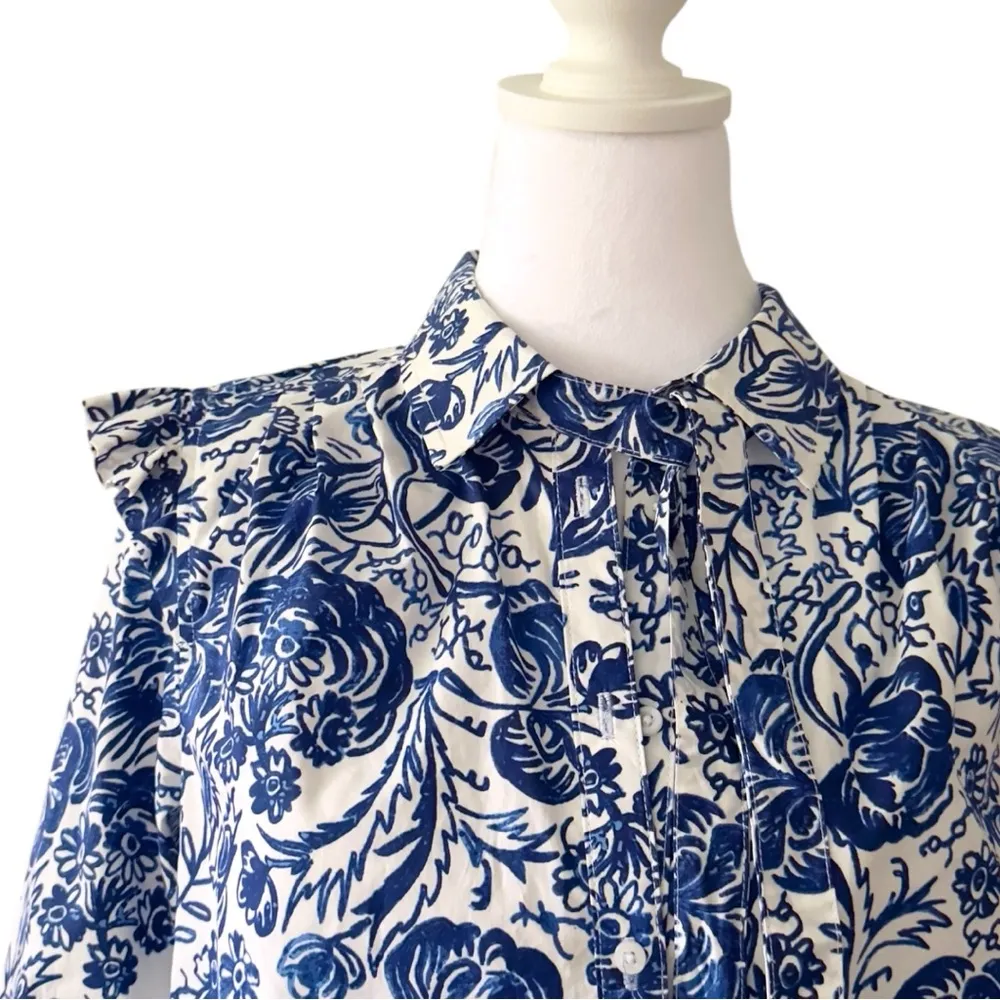 Charter Club Top Floral Long Sleeve Button-Up Ruffled Collar Blue White PM - Image 4