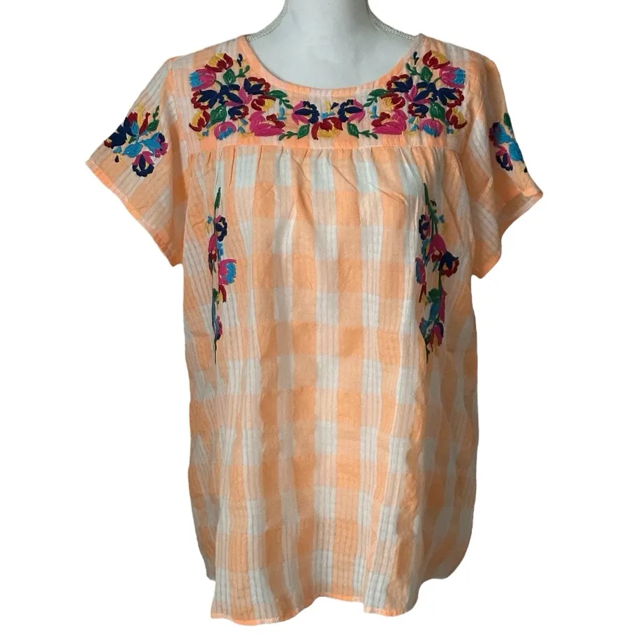 See and Be Seen Colorful Embroidered Orange Gingham Mexican Oaxaca Blouse NWT - Image 3