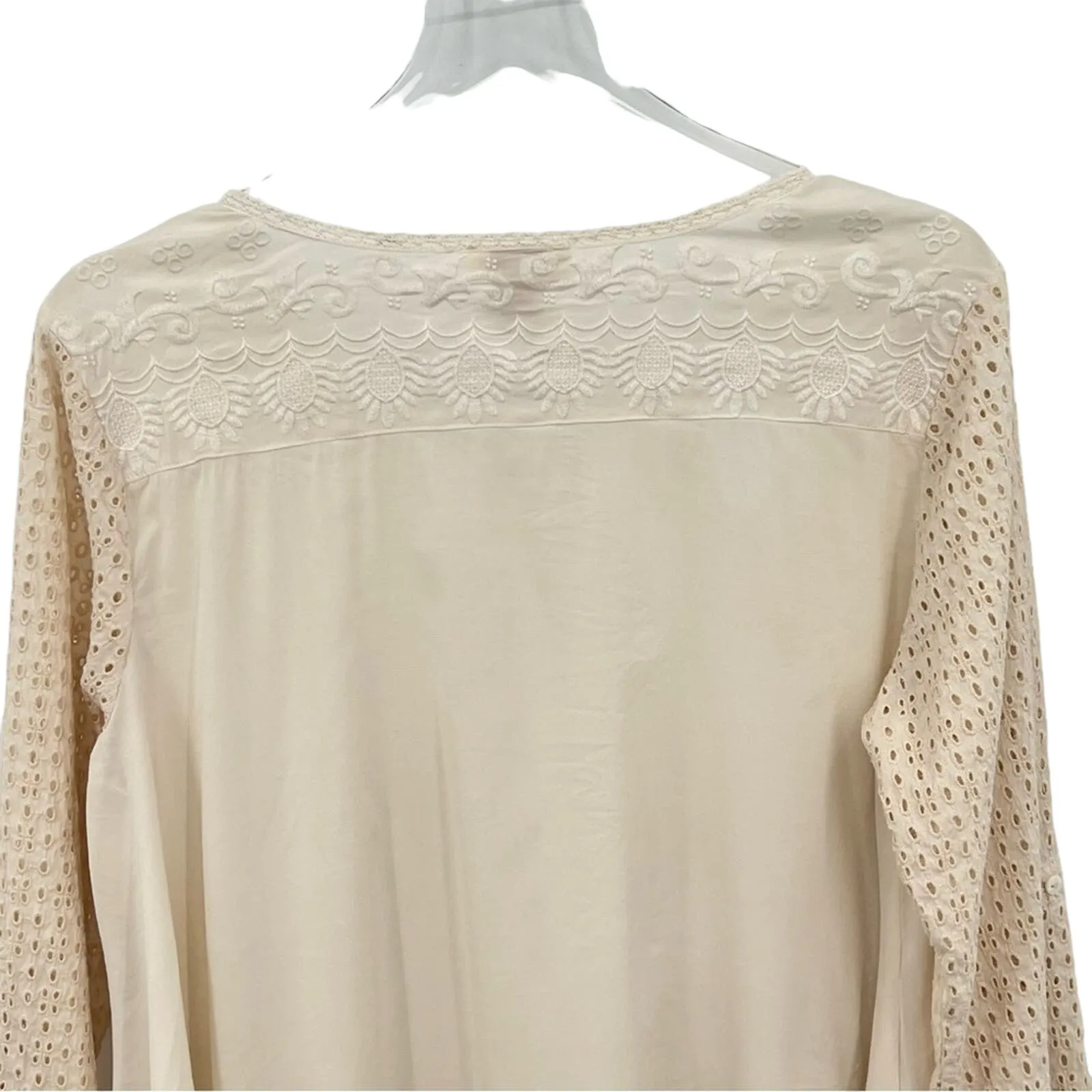 Sundance embroidered eyelet lace tab sleeve lagenlook blouse tunic top M - Image 6