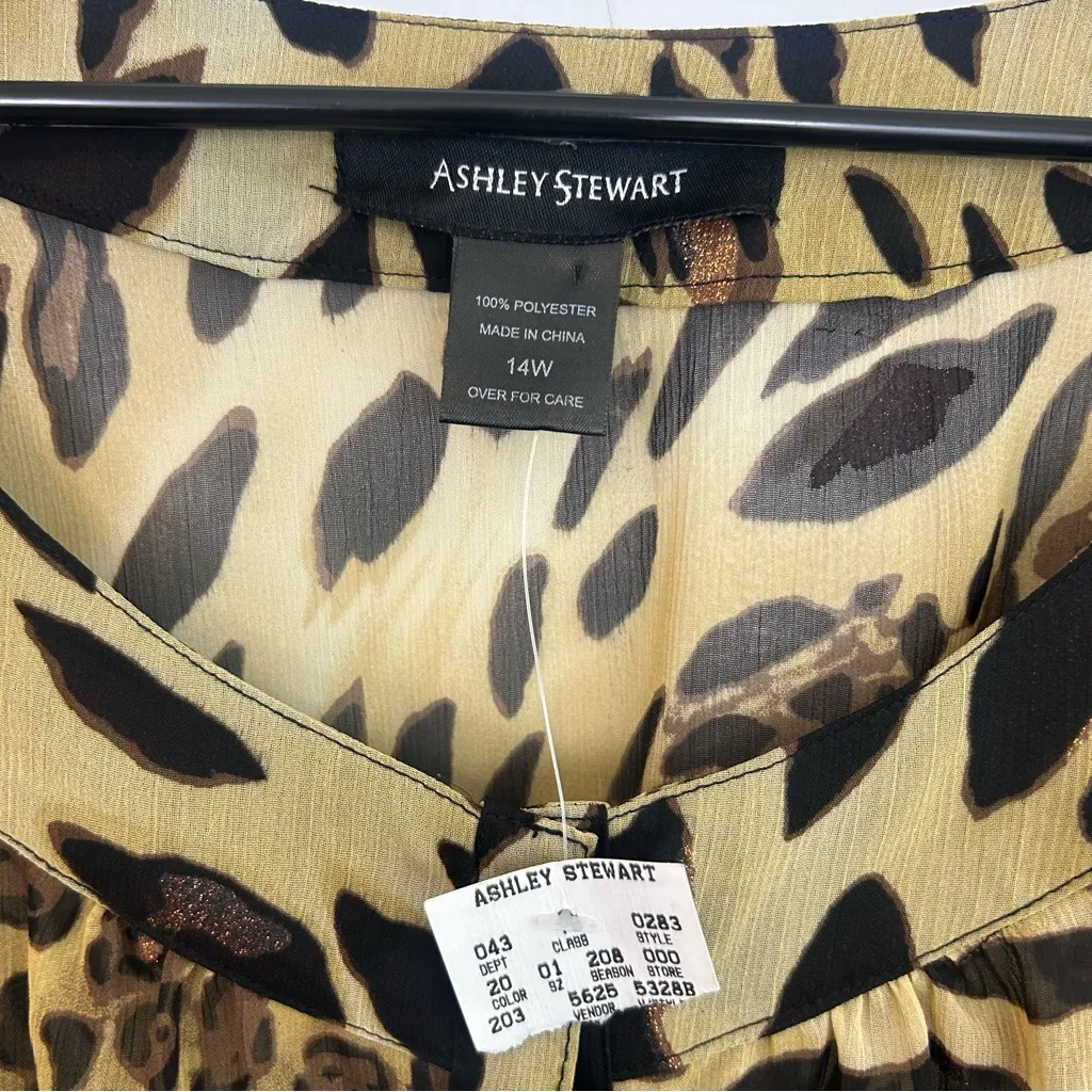 NWT Ashley Stewart Sheer Leopard Print Gold V-neck Button Down Top Size 14W - Image 5