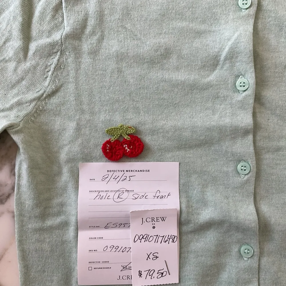 NWT J. Crew Classic Cardigan Mint Green sensor hole sew or cover w cherry patch Size XS - Image 6