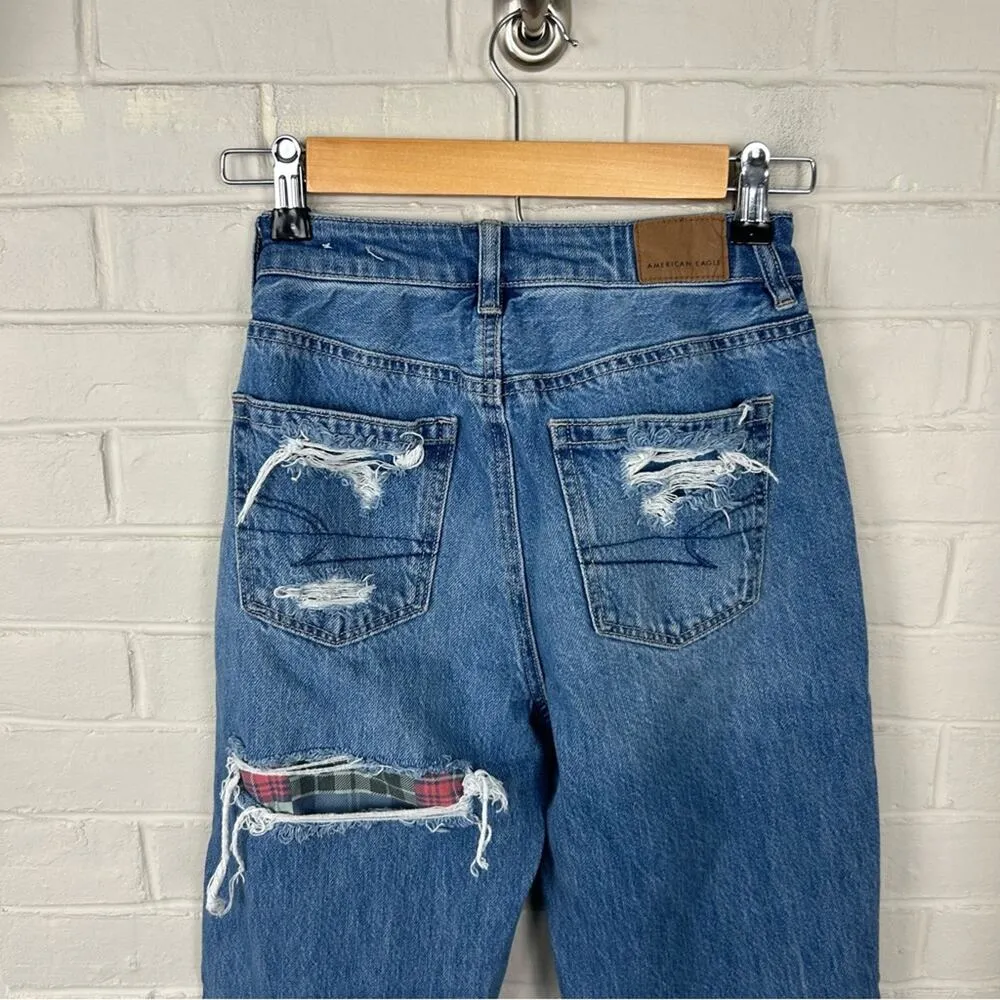 American Eagle Distressed Mom Straight Jean w Plaid Flannel Size 00 - Image 10