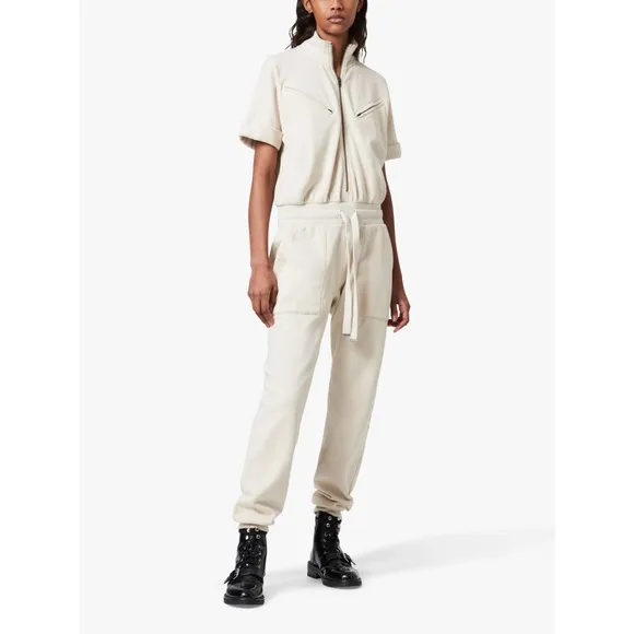 All Saints Kayla Linnet White Cotton Sweatshirt Short Sleeve Zip Front Jumpsuit - Image 2