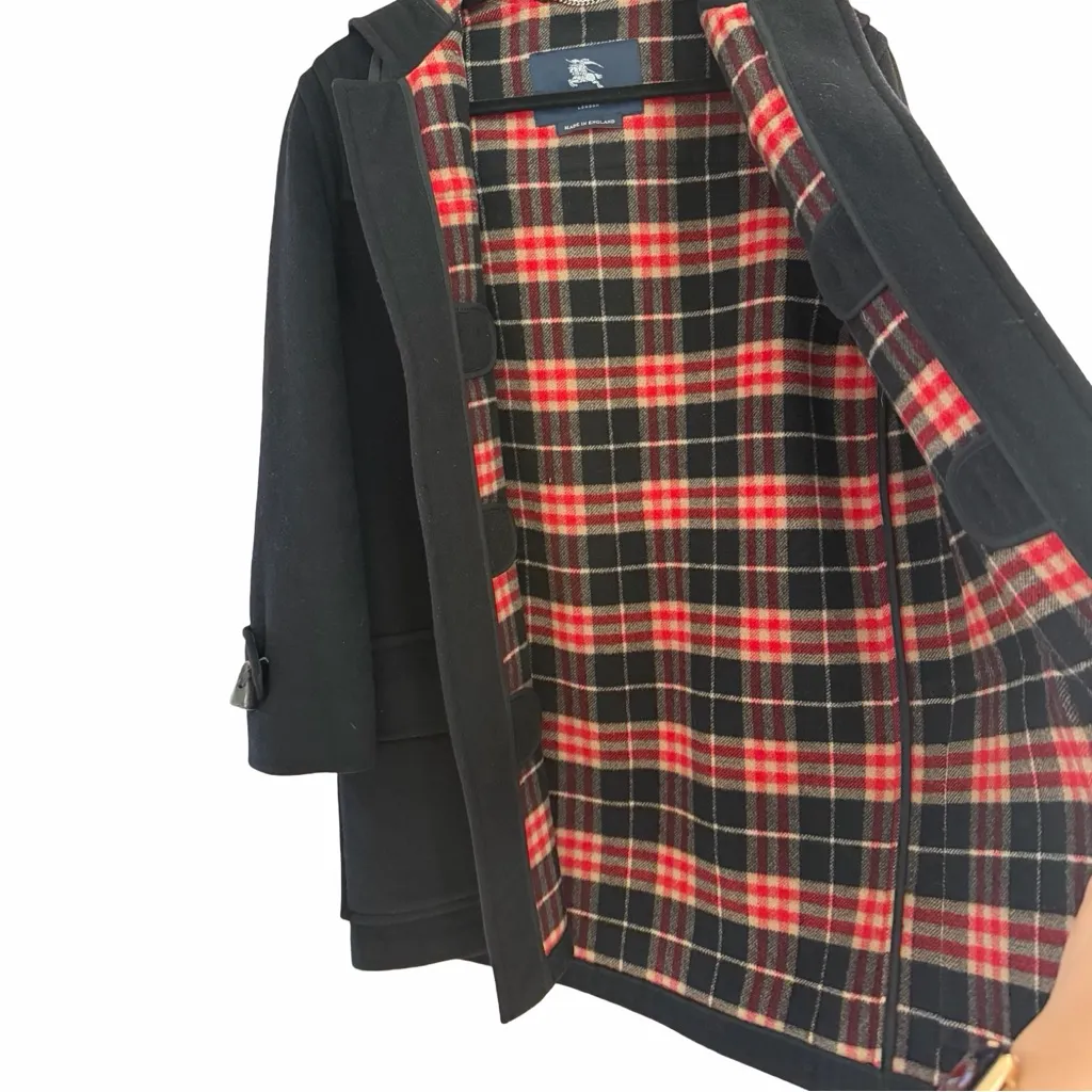 BURBERRY Wool Vintage Plaid Nova Black Hooded Toggle Car Coat Jacket Sz L - Image 5