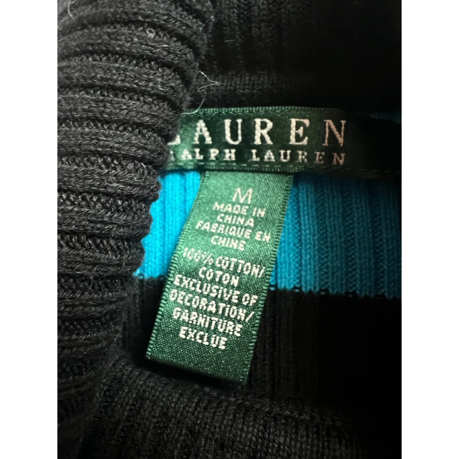 Lauren Ralph Lauren Black Turquoise Blue Striped Rib Turtleneck Sweater Medium - Image 2