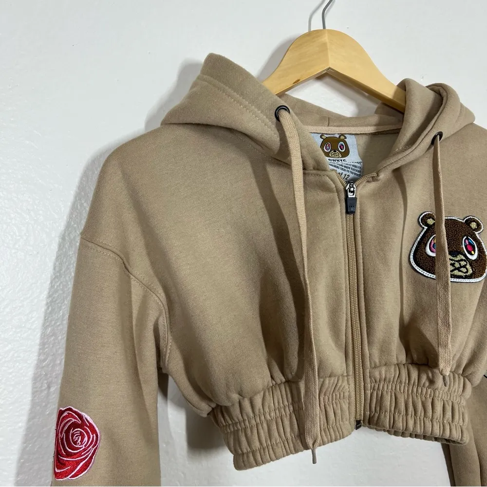 OWNYC Tan Embroidered Roses Hooded Cropped Zip - Image 3