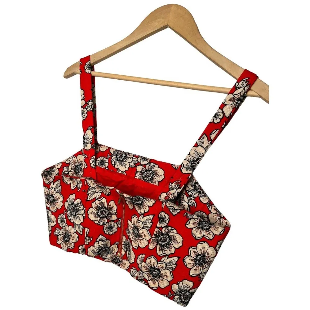 Forever 21 Floral Textured Crop Top Square Neck Wide Convertible Straps Red M - Image 7
