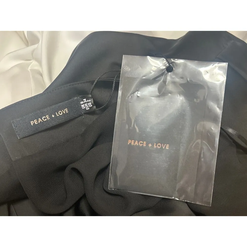 Peace + Love Black White Silk Satin Long Sleeve Plunge Colorblock Bodysuit Top 2 - Image 4