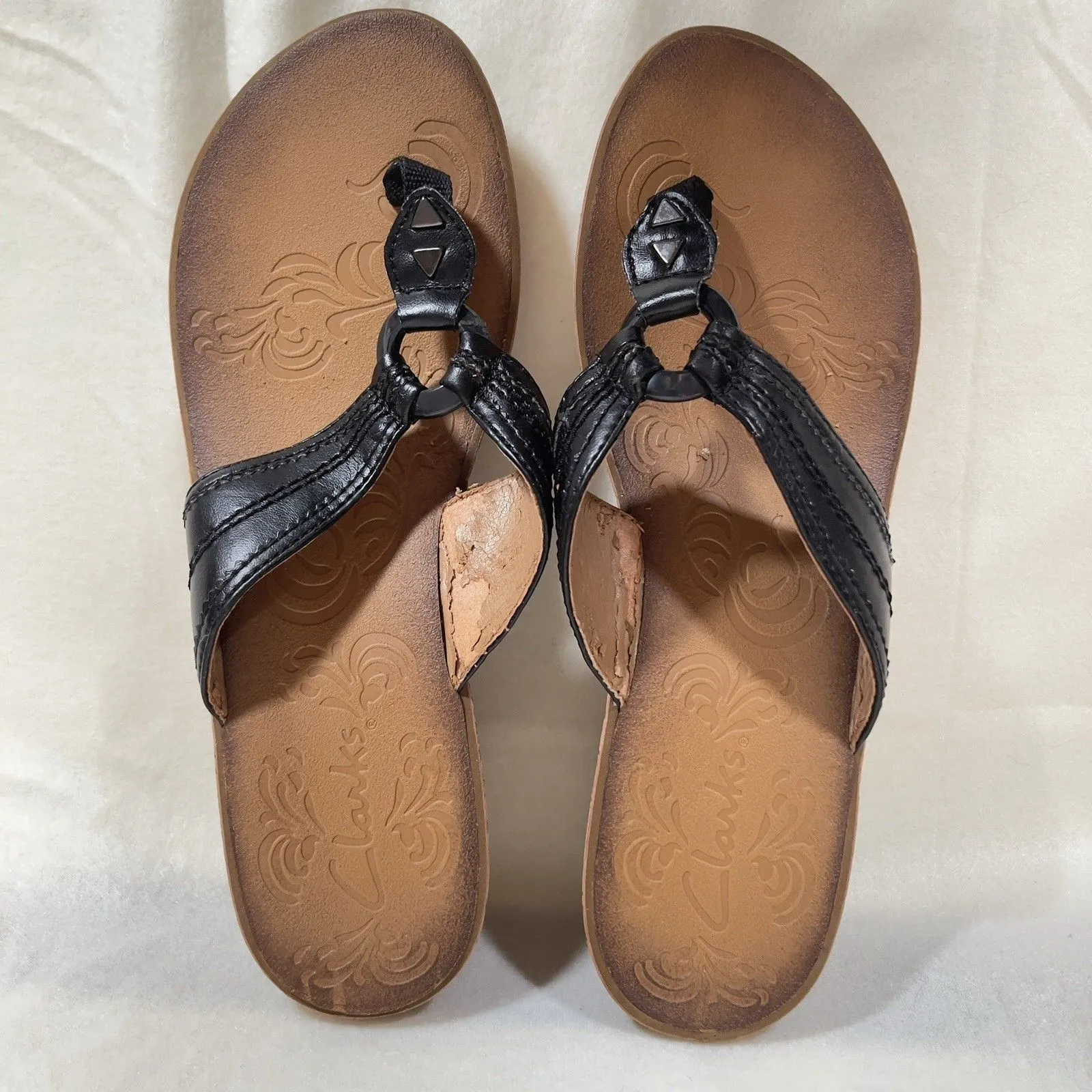 Clarks Mimmey Paige Black Leather Thong Cork Wedge Sandals Size 9 65269 **Flaw** - Image 2