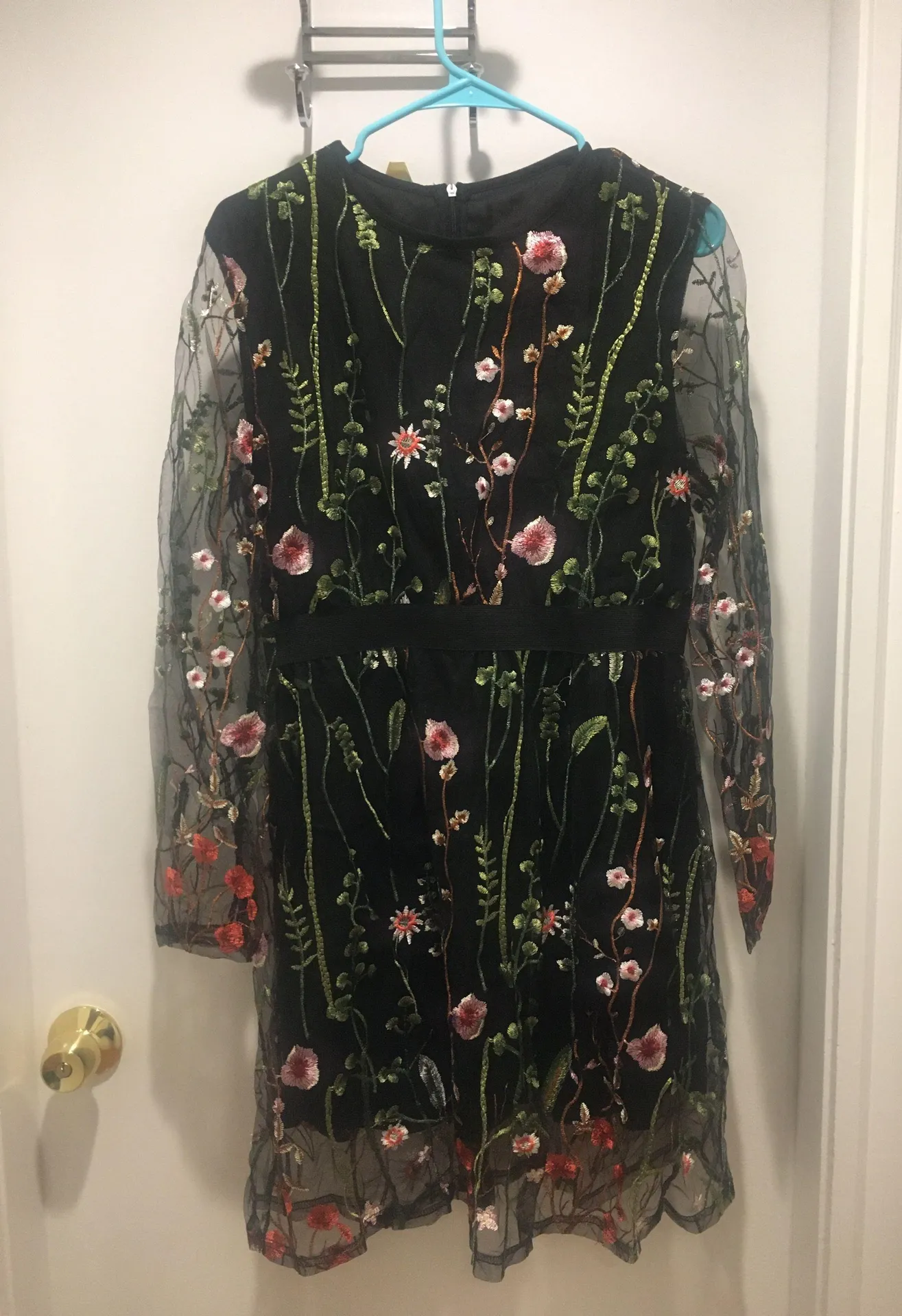 Black Flowered Mini Dress With Sheer Sleeves Size L - Image 2