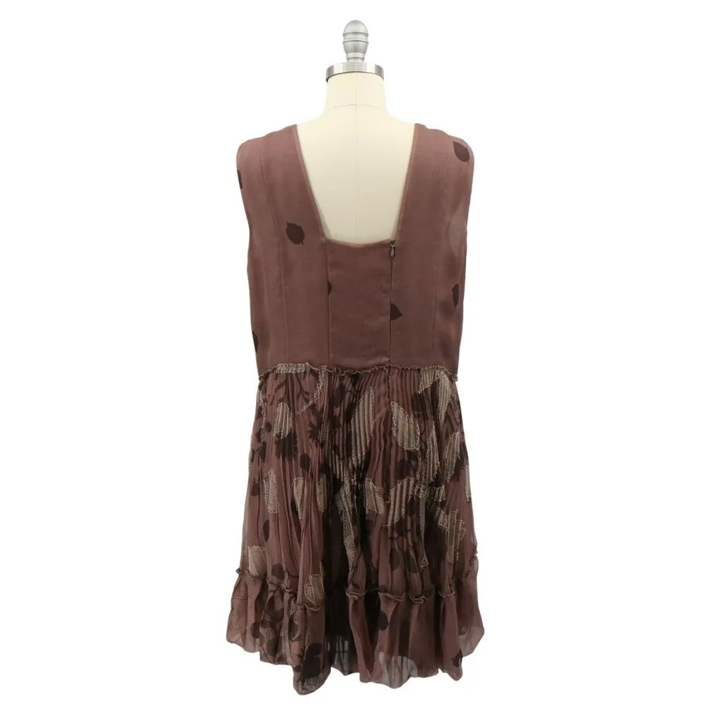Akris Mocha Mauve Silk Applique Leaf Vine Pleated Sleeveless Party Dress 12 - Image 4