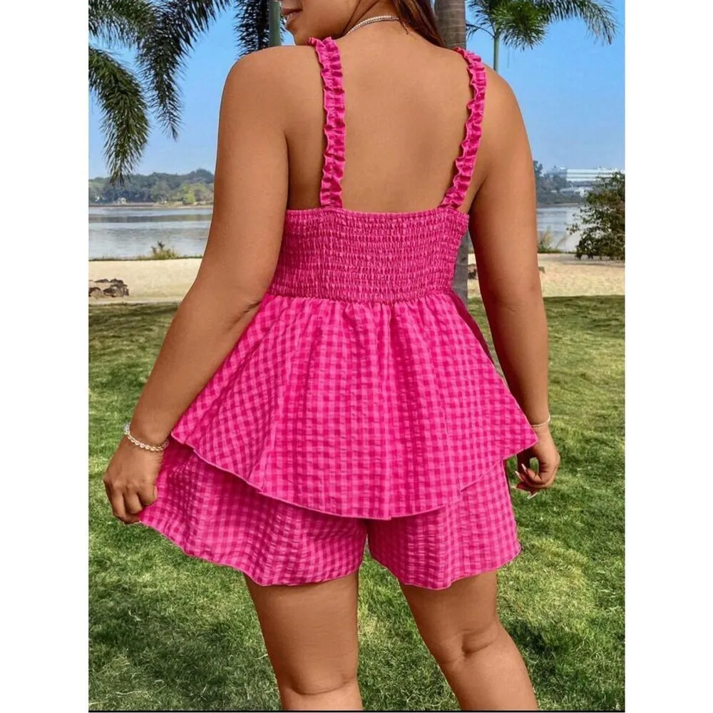 NEW Pink SHEIN Qutie Checked Gingham Knot Front Cami Romper 1X - Image 2