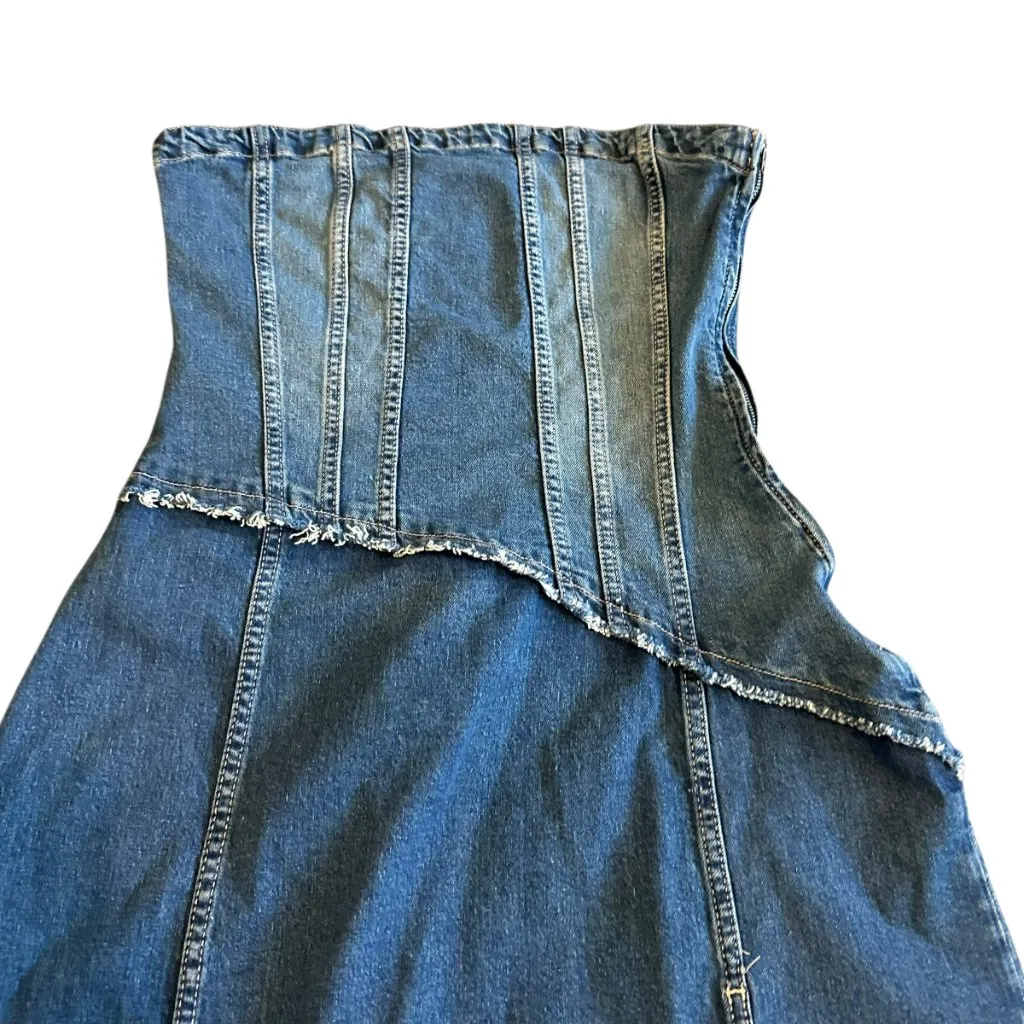 Zara Strapless Denim Dress Midi Length High Slit Rare Stretch Size Large Women's - Image 3