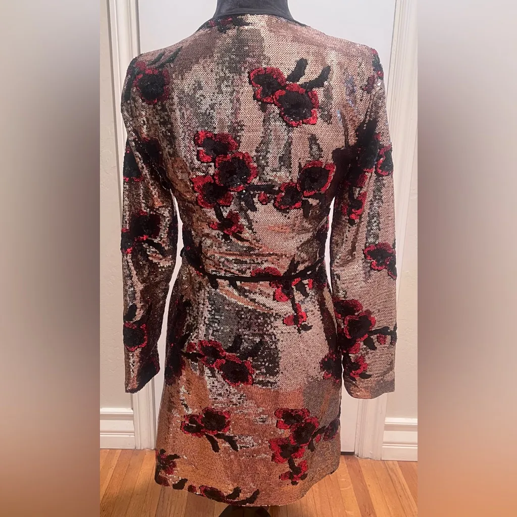ZARA Gold with‎ Red & Black Floral Sequins Crossover Wrap Mini Dress Size XS - Image 12