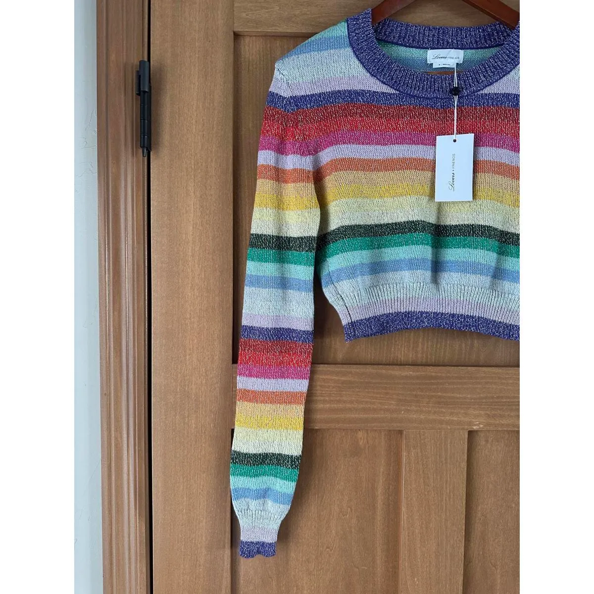 NWT Lovers & Friends Believe Cropped Sweater in Rainbow Sparkle Women’s Medium - Image 4