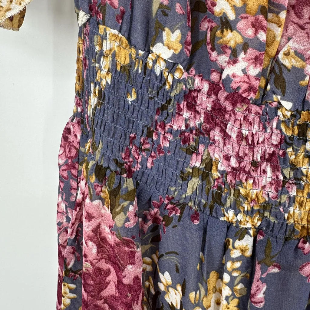Umgee Floral Print Midi Dress Small Hi-Low Smocked Waist Flutter Short Sleeves - Image 4