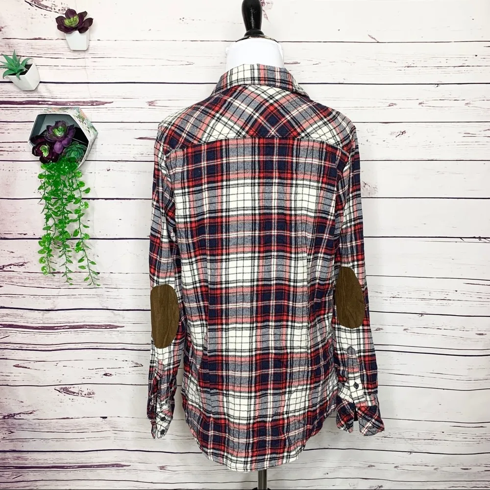 Ci Sono Red Plaid Flannel Elbow Patch Button Up Shirt Top Size Medium - Image 6