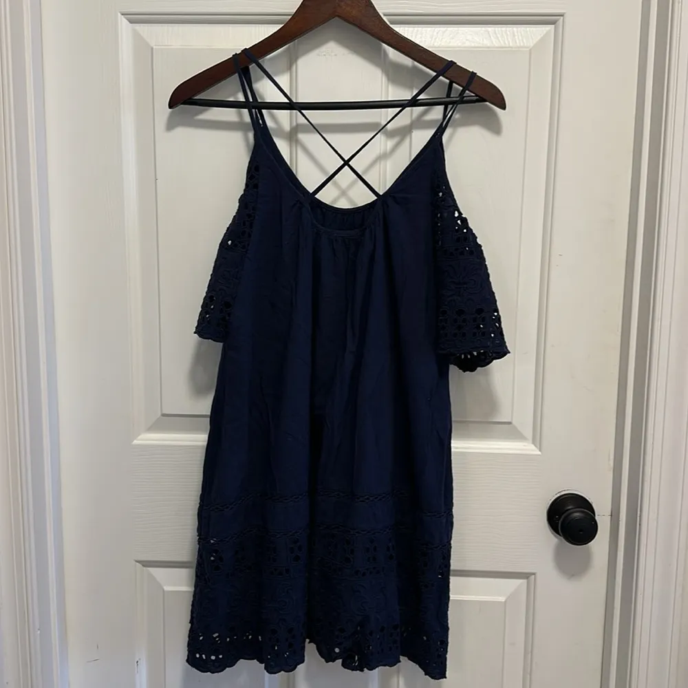Anthropologie dRA Navy Off Shoulder Eyelet Nancy Dress XS - Image 3