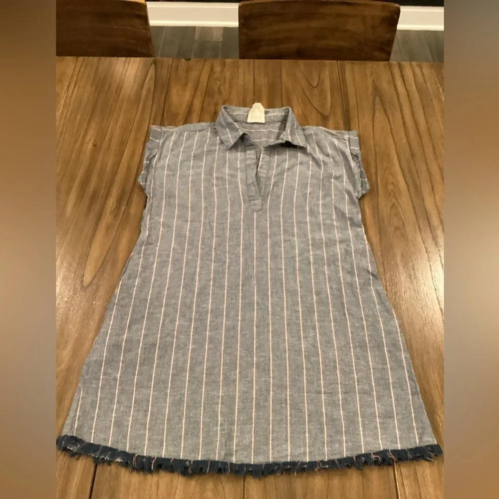 Harper Heritage blue cotton Chambray Frayed Hem  Shirt shift casual mini dress S - Image 3
