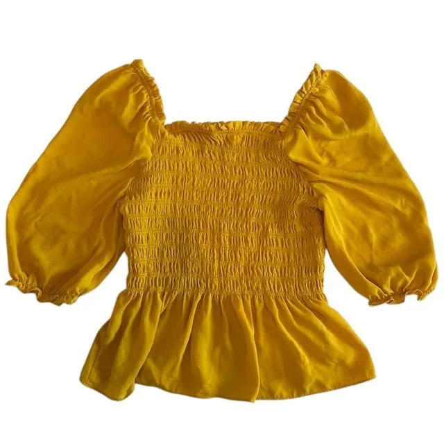 Nanette Lepore Smocked Peplum Top‎ Ruffle Square Neck Yellow Blouse Size XS - Image 3