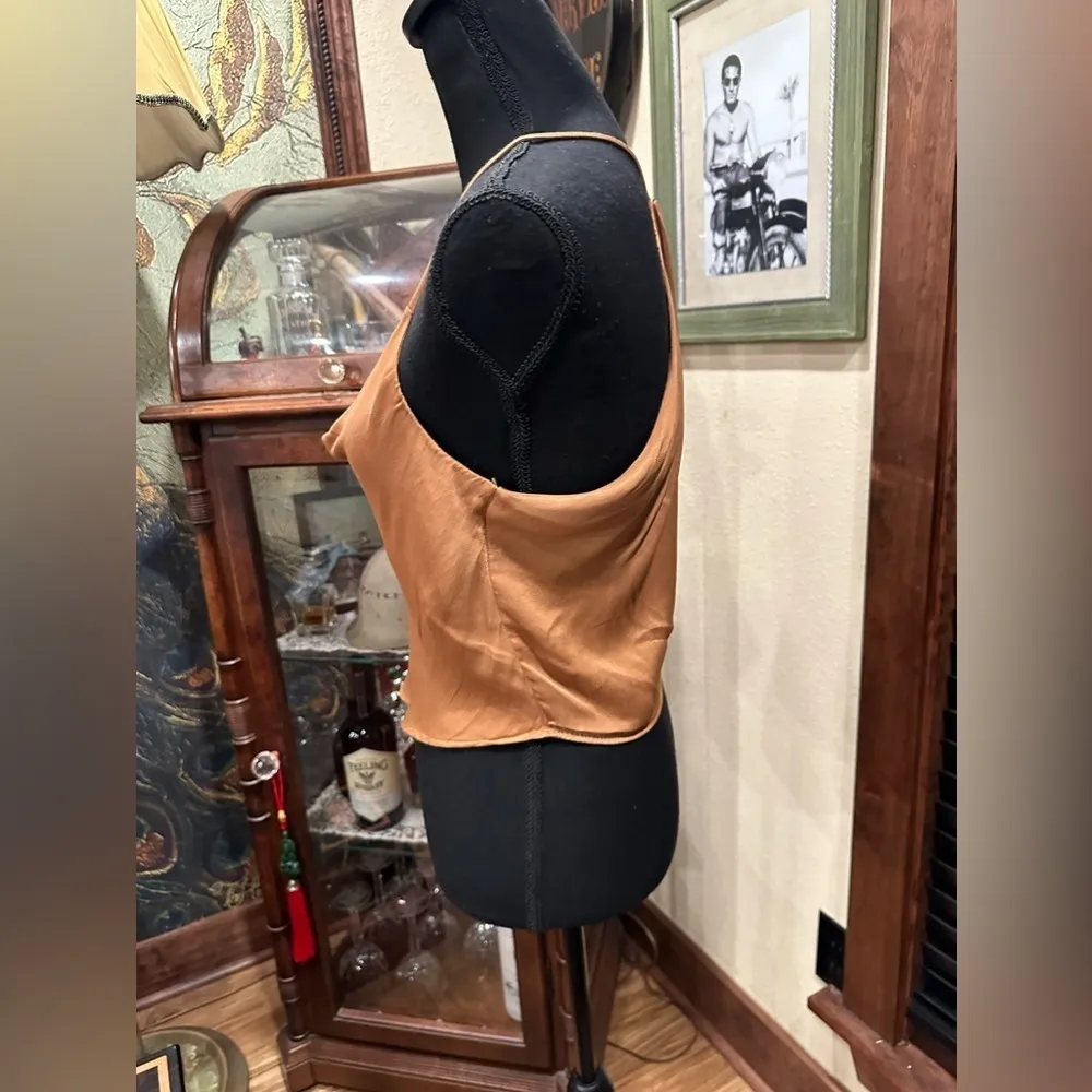Zara Tan Flowy Neckline Silk Top Size Small EUC - Image 5