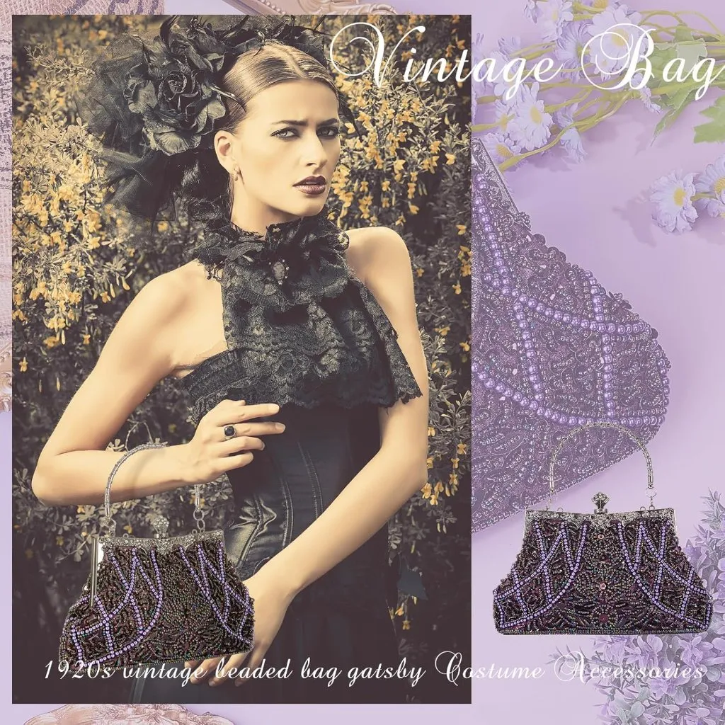 ⚡ Women's Purple Rhinestones Vintage Beaded Satin Lining Evening Clutch Bag - Image 6