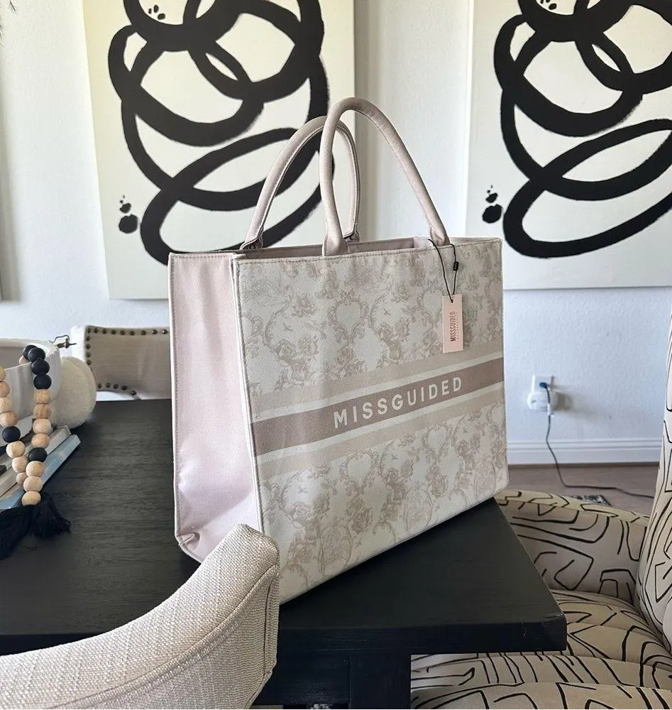 Missguided  beige logo oversized XL canvas structured tote bag purse laptop - Image 6