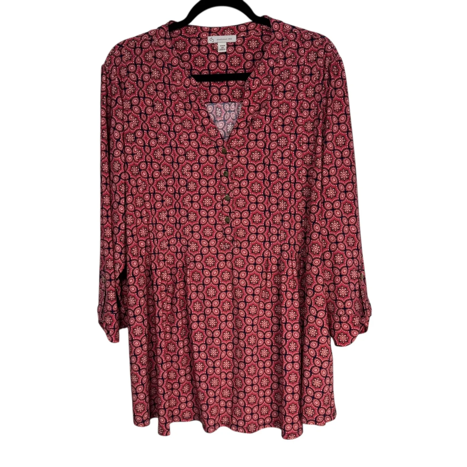 Dress Barn Womens 3X Red Geometric Print Tunic Top Button Front Long Sleeve - Image 8