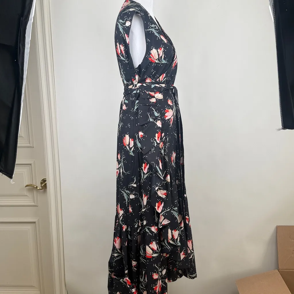 Rebecca Taylor Ikat Tulip Wrap Dress Tie Waist Black Floral Poplin Ruffles Sz 12 - Image 6