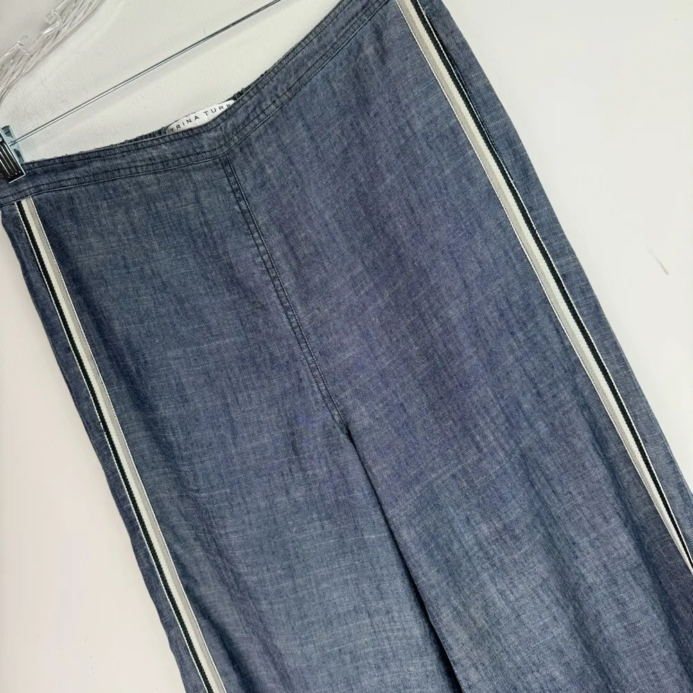 Trina Turk Lyocell Linen Wide Leg Crop Slit Hem Pants Sz Medium Blue Chambray - Image 4