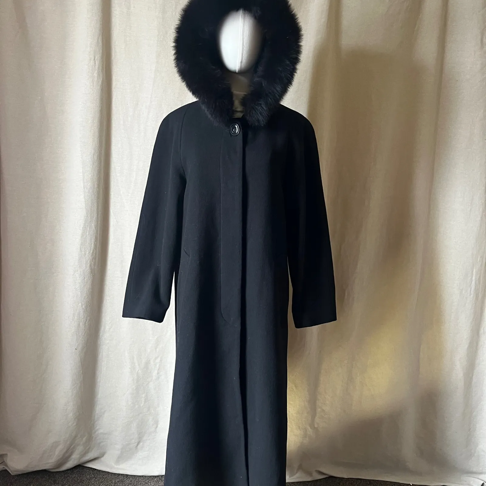 Vintage Kristen Blake Black Wool Cashmere Coat Fox Fur Hooded Coat Size 10P - Image 11