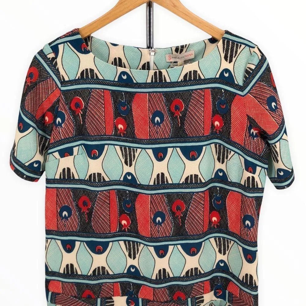 Paul & Joe Sister Guadalupe Drop Waist Geometric Print Short Shift Dress Small Blue - Image 4