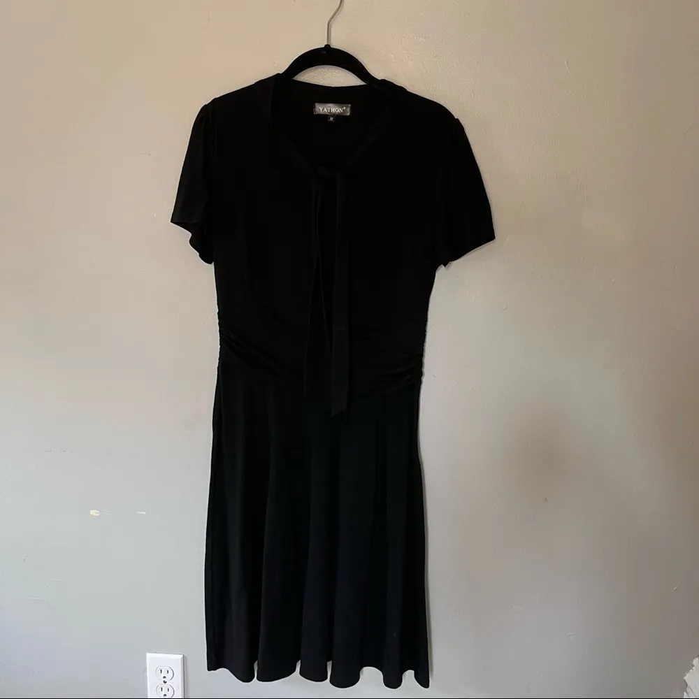 Women’s Dress Elegant Bow Swing Casual Party Vintage Ruched Stretch Medium Black - Image 4