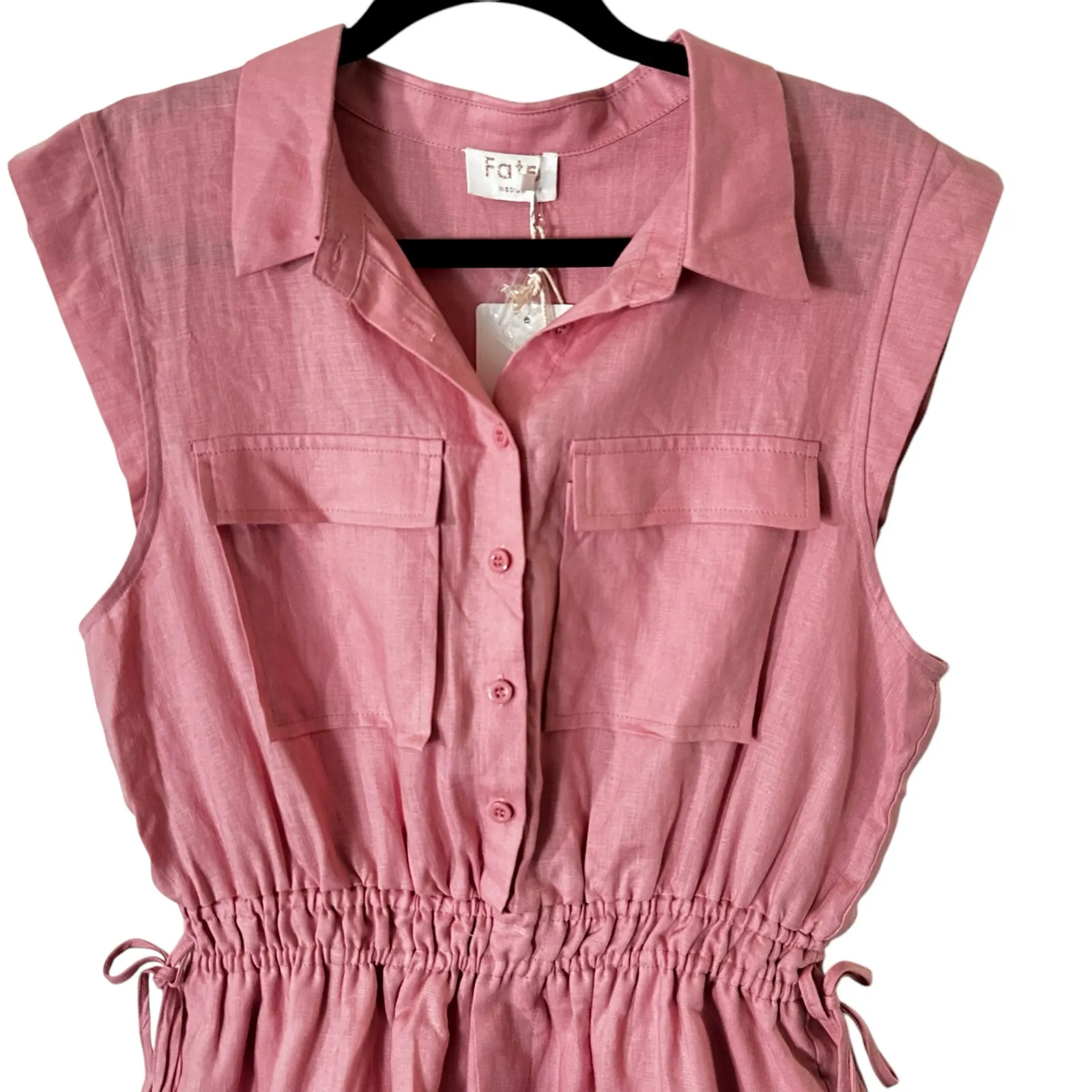 NWT Fate Front Patch Pocket Front Button Linen Romper Pink Size M - Image 4