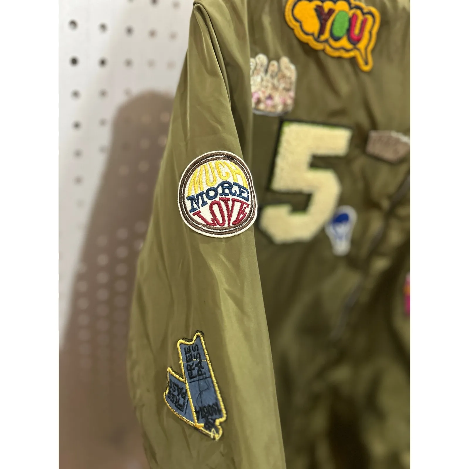 Olive Green Bomber Jacket Fun Patches Number 5 "Dream" Graphic Size L - Image 6