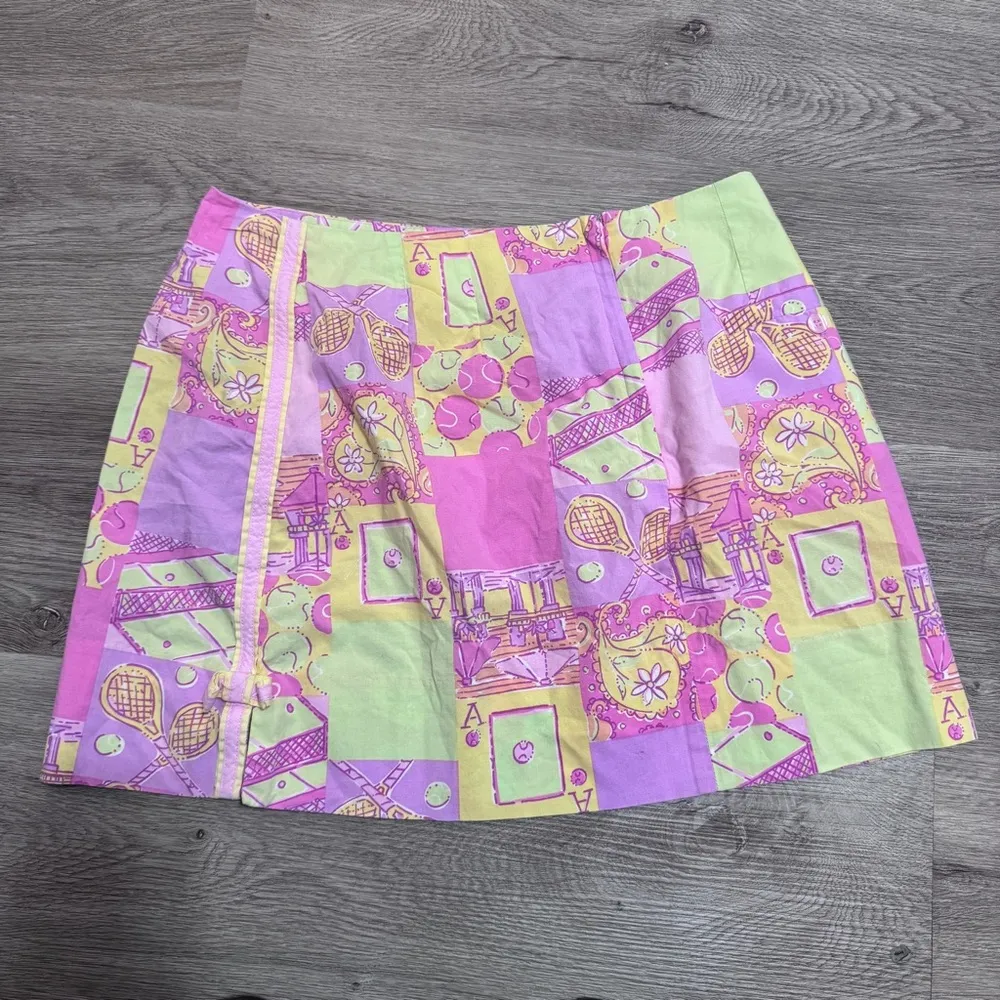 Lilly Pulitzer Tennis Racquet Ball Colorful Patchwork Women's Skirt Vintage 4 - Image 4